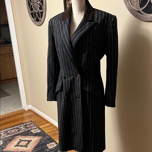 Bill Blass Black Pinstripe Double-Breasted Blazer, long, size 8 woman